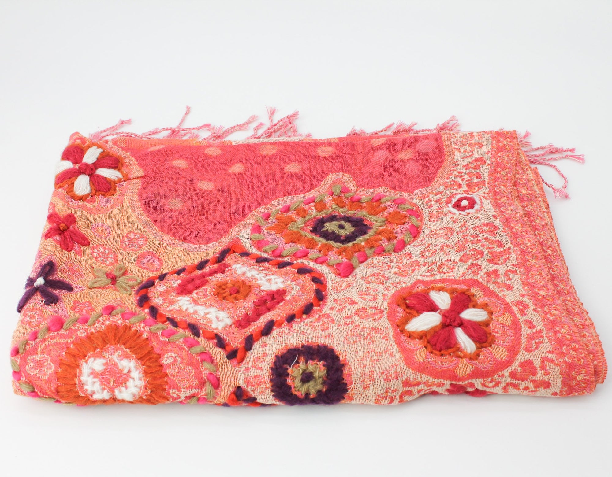 Layered Wool Embroidered Wrap / Salmon